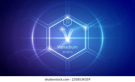 Vanadium (V) (023) Transition Metal - Elemento fundamental Futurista Neon Light Glow Hexagon Block Grid Background Design - Tabla periódica, Símbolo químico, nombre, masa atómica, número atómico