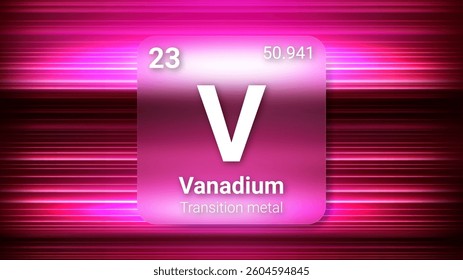 Vanadium (V) (023) Transition Metal, Glass Morphism Element Futuristic Neon Light Glow Background Periodic Table, Chemical Symbol, Name, Atomic Mass, Atomic Number, Vector Illustration