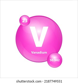 Estructura de icono de vanadio (V) elemento químico forma redonda círculo Pink. Vector de ilustración 3D. Elemento químico de la tabla periódica Signo con número atómico. Estudio en ciencia para la educación. 