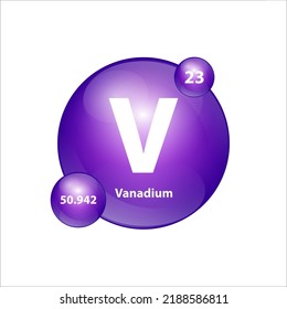Estructura de ícono de vanadio (V) elemento químico forma redonda círculo púrpura. Vector de ilustración 3D. Elemento químico de la tabla periódica Signo con número atómico. Estudio en ciencia para la educación. 