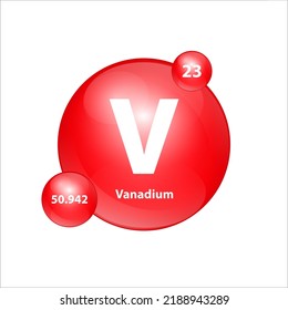 Vanadium (V) icon structure chemical element round shape circle red easily.  Chemical element of periodic table Sign with atomic number. Study in science for education. 3D Illustration vector.
