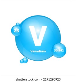 Estructura de icono de vanadio (V) elemento químico forma redonda círculo azul claro. Elemento químico de la tabla periódica Signo con número atómico. Estudio en ciencia para la educación. Vector de ilustración 3D. 
