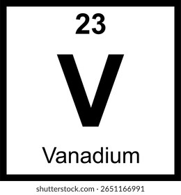 Quadro periódico de vanádio (V) dos elementos. Ícone com número atômico 23. Metal de transição utilizado como aditivo de reforço para o aço. Educação científica.