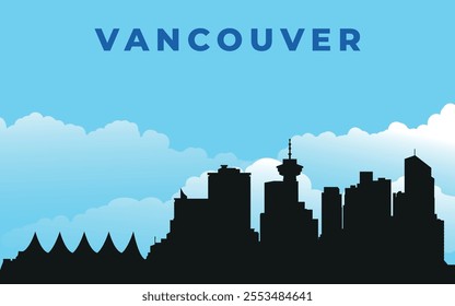 Vancouver. Black silhouette of the city skyline. Vector on the background of blue sky with white clouds