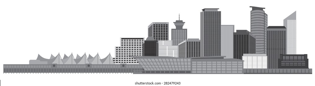 Vancouver British Columbia Canada City Skyline Grayscale Vector Illustration