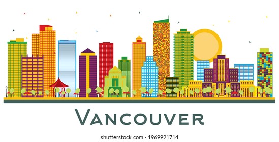 Vancouver Canada City Skyline with Color Buildings Isolated on White. Vector Illustration. Business Travel and Tourism Concept with Historic Architecture. Vancouver Cityscape with Landmarks.