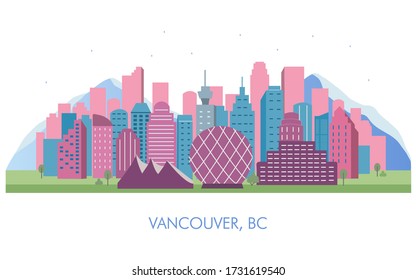 Vancouver, Canada cityscape. Horizontal landscape of Vancouver city with tall buildings, downtown construction and architecture. Colorful vector illustration in flat style.
