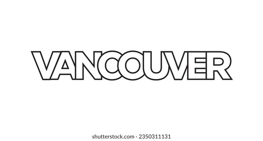 Vancouver im kanadischen Emblem für Druck und Web. Das Design zeichnet sich durch geometrischen Stil, Vektorgrafik mit gewagter Typografie in moderner Schrift aus. Grafische Slogan-Schrift einzeln auf weißem Hintergrund.