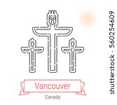 Vancouver (Canada) flat style thin line icon with an inscription on a ribbon banner with the sun in the background. Vancouver logo, landmark, vector symbol. Totem Poles pictogram.
