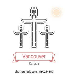 Vancouver (Canada) flat style thin line icon with an inscription on a ribbon banner with the sun in the background. Vancouver logo, landmark, vector symbol. Totem Poles pictogram.