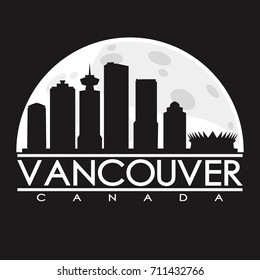 Vancouver Canada Full Moon Night Skyline Silhouette Design City Vector Art Background.