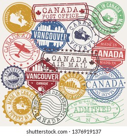 Vancouver Canada Set of Stamps. Travel Stamp. Made In Product. Design Seals Old Style Insignia.