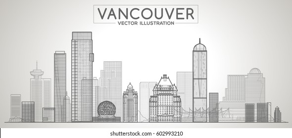 Vancouver ( Canada ) skyline with panorama in white background. Vector line Illustration. Business travel and tourism concept with modern buildings. Image for banner or web site.