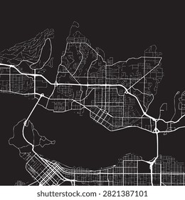 Vancouver City Map Artwork – Minimalist Dark Mode Black and White Canada Urban Street Network, Burrard Inlet Coastline, and British Columbia Infrastructure Vector Illustration
