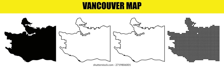 Colección de mapas de la ciudad de Vancouver que incluye varios estilos gráficos como contorno blanco negro sólido y cuadrícula de puntos moderna para proyectos de geografía canadiense y presentaciones de desarrollo urbano en línea