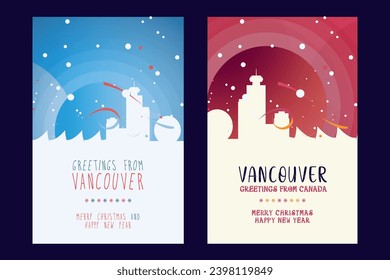 Vancouver city poster with Christmas skyline, cityscape, landmarks. Winter Canada, British Columbia province town holiday, New Year vertical vector layout for brochure, website, flyer, leaflet, card