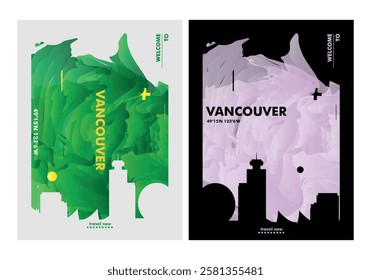 Vancouver city poster pack with skyline, cityscape, landmark, textured. Canada British Columbia province vector illustration layout for vertical brochure, website, flyer, presentation