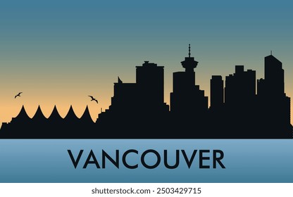  Vancouver. The city skyline. Silhouettes of buildings. The sunset of the day. Vector on a blue background