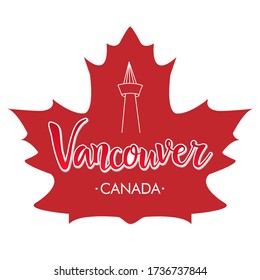 Vancouver handwritten city name with red maple leaf.  Modern calligraphy design for t-shirts, postcards, logos, banner, poster or textile, clothing, badge or icon.