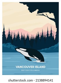 vancouver island illustration background. travel to canada. suitable for poster, card, art print. vector landscape with colored style.
