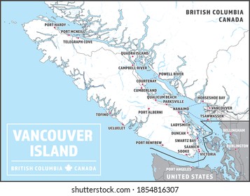 Vancouver Island Map mit Greater Vancouver, British Columbia, Kanada und Teilen des Washingtoner Staates, Vereinigte Staaten. Touristenkarte mit wichtigen Orten und Städten als Text. Formen sind optimiert.