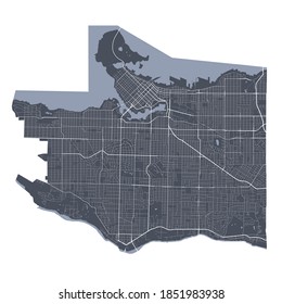 Vancouver map. Detailed vector map of Vancouver city administrative area. Cityscape poster metropolitan aria view. Dark land with white streets, roads and avenues. White background.