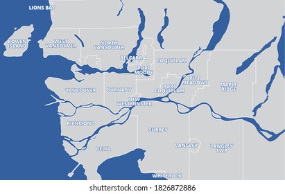 Vancouver municipalities vector map. Simplified map of Vancouver and surrounding cities in British Columbia, Canada. Dark blue ocean with grey landmass. Tourism information guide.