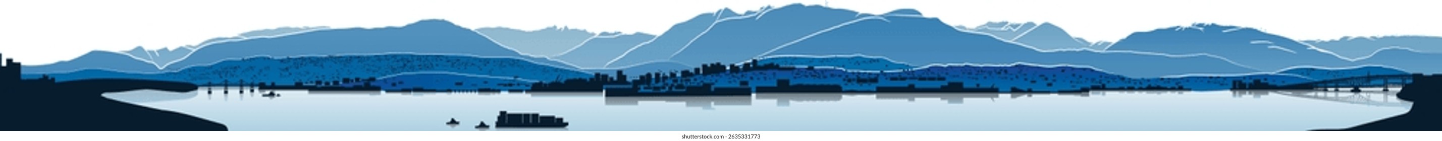 Vancouver and North Shore Mountains panorama. Illustration of waterfront city with ocean and mountains. Drawing of Vancouver, Lions Gate and Second Narrows Bridge, and North and West Vancouver.