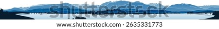Vancouver and North Shore Mountains panorama. Illustration of waterfront city with ocean and mountains. Drawing of Vancouver, Lions Gate and Second Narrows Bridge, and North and West Vancouver.