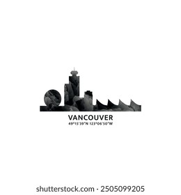 Vancouver panorama, vector badge, skyline logo and icon. Canada, British Columbia province city horizon logotype with landmarks and building silhouettes. Isolated foggy abstract gradient graphic