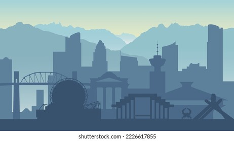 Vancouver. The silhouette of the city. Places of interest, skyscrapers, mountains. Blue.	