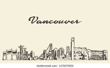 Vancouver skyline, Canada, hand drawn vector illustration, sketch