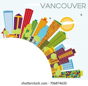 Vancouver Skyline with Color Buildings, Blue Sky and Copy Space. Vector Illustration. Business Travel and Tourism Concept with Modern Architecture. Image for Presentation Banner Placard and Web Site