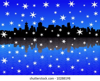 Vancouver Skyline reflektiert im Winter mit fallendem Schnee