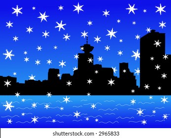 Vancouver skyline in winter with falling snow