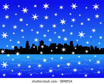 Vancouver skyline in winter with falling snow