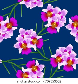 Vanda Miss Joaquim Orchid. Singapore National Flower. on Indigo Blue Background. Vector Illustration.