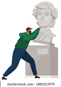 Vandal damaging the monument in public park. Bandit in mask and hood destroy city property. Street gangsters and vandalism concept. Cartoon flat vector illustration with a man breaks the statue