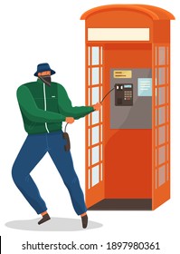Vandal damaging the telephone booth isolated on white. Bandit in mask and hat destroy city property. Street gangsters and vandalism concept. Cartoon vector illustration with a man breaks telephone