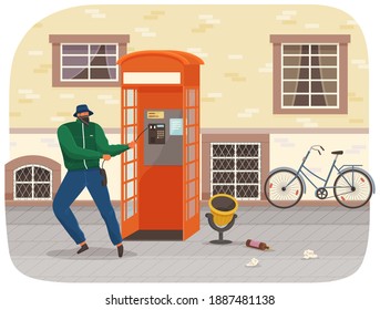 Vandal damaging the telephone booth on the town street. Bandit in mask and hat destroy city property. Street gangsters and vandalism concept. Cartoon vector illustration with a man breaks telephone