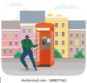 Vandal damaging the telephone booth on the town street. Bandit in mask and hat destroy city property. Street gangsters and vandalism concept. Cartoon vector illustration with a man breaks telephone