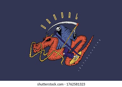 Vandal logotype. Death with a scythe. Chinese dragon. Skateboarding. Cartoon vector illustration on dark background