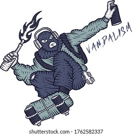 Vandal with a Molotov cocktail. Skateboarding and graffiti logotype. Cartoon vector illustration