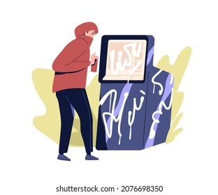 Vandal Painting Illegal Graffiti By Spraying Aerosol Paint, Doing Harm To ATM. Vandalism Concept. Bully In Hood Damaging Property. Flat Vector Illustration Of Hooligan Isolated On White Background