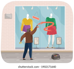 Vandal verdirbt das Fenster eines geschlossenen Ladens. Der maskierte und gedeckte Bandit zieht Graffiti auf Glas. Straßengangster und Vandalismus-Konzept. Cartoon flache Vektorgrafik mit Mann zerstört Schaufenster