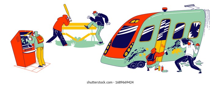 Vandalism And Anger Concept. Teenagers Characters Graffiti Painting On Metro Train, Breaking Bench In Park With Baseball Bat, Paint With Spray On Atm, Teen Violence. Linear People Vector Illustration