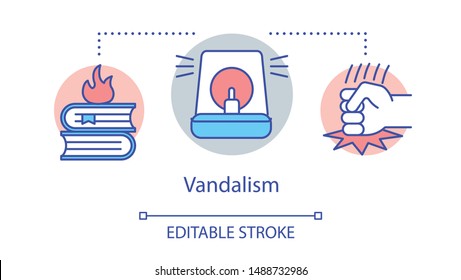 Vandalism concept icon. Civil unrest, public property damage, violent protest idea thin line illustration. Burning books, police siren and fist vector isolated outline drawing. Editable stroke