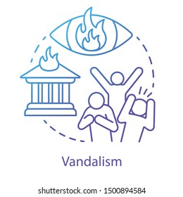 Vandalism concept icon. Civil unrest, property damage, mob violence idea thin line illustration. Aggressive crowd, burning house and flaming eye vector isolated outline drawing. Violent protest