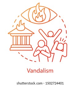 Vandalism concept icon. Civil unrest, property destruction, mob violence idea thin line illustration. Aggressive crowd, burning house and flaming eye vector isolated outline drawing. Violent protest