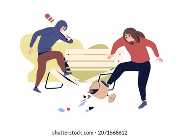 Vandalism concept. Street vandals destroying public property in park. Angry hooligans breaking bench with bat, damaging trash can. Flat vector illustration of bullies isolated on white background